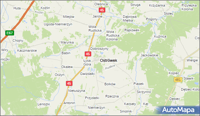 mapa Ostrówek powiat wieluński, Ostrówek powiat wieluński na mapie Targeo