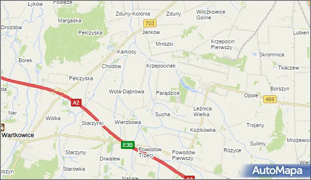 mapa Parądzice, Parądzice na mapie Targeo