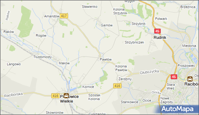 mapa Pawłów gmina Pietrowice Wielkie, Pawłów gmina Pietrowice Wielkie na mapie Targeo