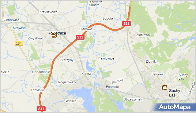 mapa Pawłowice gmina Rokietnica, Pawłowice gmina Rokietnica na mapie Targeo