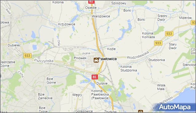 mapa Pawłowice powiat pszczyński, Pawłowice powiat pszczyński na mapie Targeo