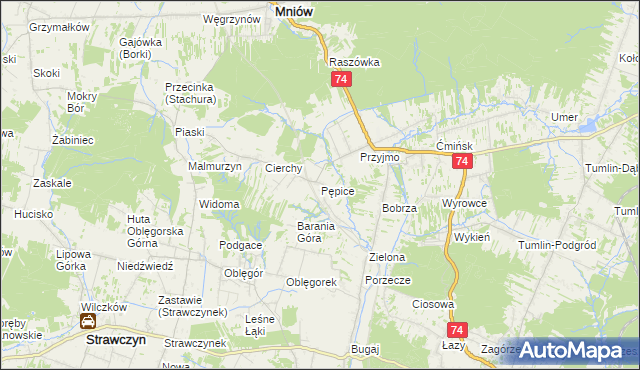 mapa Pępice gmina Mniów, Pępice gmina Mniów na mapie Targeo