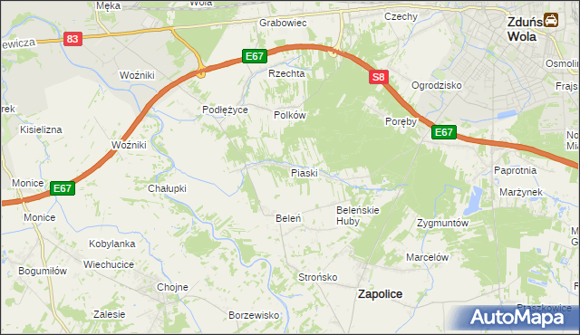 mapa Piaski gmina Zduńska Wola, Piaski gmina Zduńska Wola na mapie Targeo