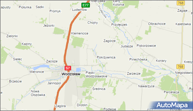 mapa Pokrzywnica gmina Wodzisław, Pokrzywnica gmina Wodzisław na mapie Targeo