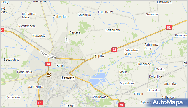 mapa Popów gmina Łowicz, Popów gmina Łowicz na mapie Targeo