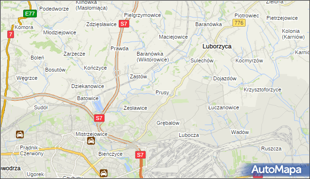 mapa Prusy gmina Kocmyrzów-Luborzyca, Prusy gmina Kocmyrzów-Luborzyca na mapie Targeo