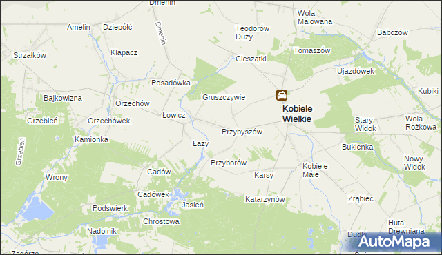 mapa Przybyszów gmina Kobiele Wielkie, Przybyszów gmina Kobiele Wielkie na mapie Targeo