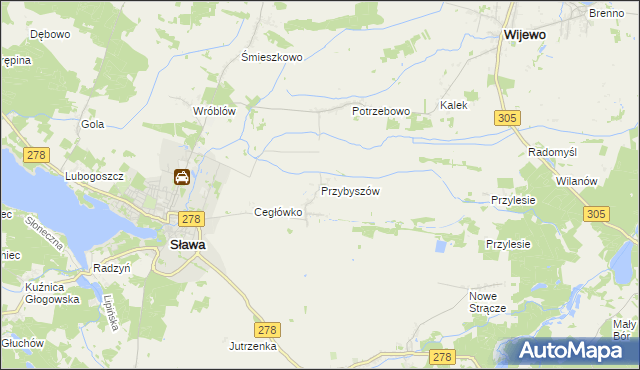 mapa Przybyszów gmina Sława, Przybyszów gmina Sława na mapie Targeo