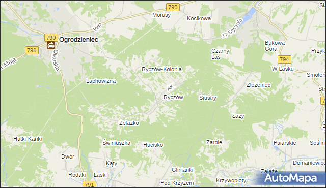 mapa Ryczów gmina Ogrodzieniec, Ryczów gmina Ogrodzieniec na mapie Targeo