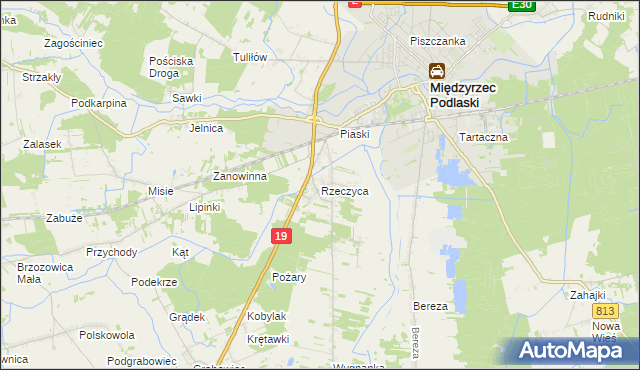 mapa Rzeczyca gmina Międzyrzec Podlaski, Rzeczyca gmina Międzyrzec Podlaski na mapie Targeo