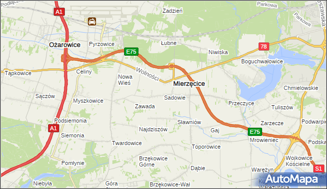 mapa Sadowie gmina Mierzęcice, Sadowie gmina Mierzęcice na mapie Targeo