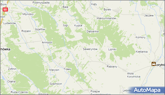 mapa Sewerynów gmina Korytnica, Sewerynów gmina Korytnica na mapie Targeo