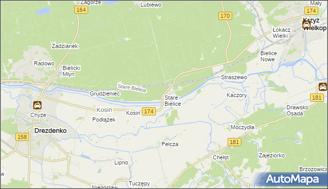 mapa Stare Bielice gmina Drezdenko, Stare Bielice gmina Drezdenko na mapie Targeo