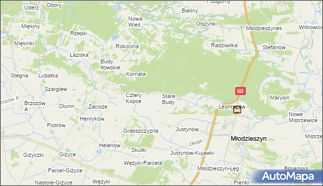 mapa Stare Budy gmina Młodzieszyn, Stare Budy gmina Młodzieszyn na mapie Targeo