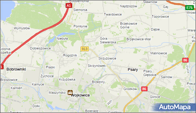 mapa Strzyżowice gmina Psary, Strzyżowice gmina Psary na mapie Targeo