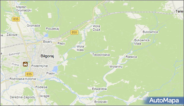 mapa Teodorówka gmina Biłgoraj, Teodorówka gmina Biłgoraj na mapie Targeo
