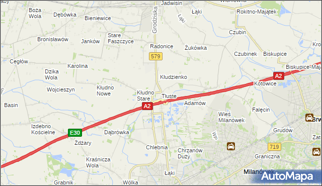 mapa Tłuste gmina Grodzisk Mazowiecki, Tłuste gmina Grodzisk Mazowiecki na mapie Targeo