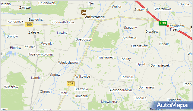 mapa Truskawiec gmina Wartkowice, Truskawiec gmina Wartkowice na mapie Targeo