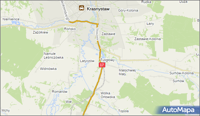 mapa Tuligłowy gmina Krasnystaw, Tuligłowy gmina Krasnystaw na mapie Targeo