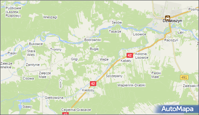 mapa Węże gmina Działoszyn, Węże gmina Działoszyn na mapie Targeo