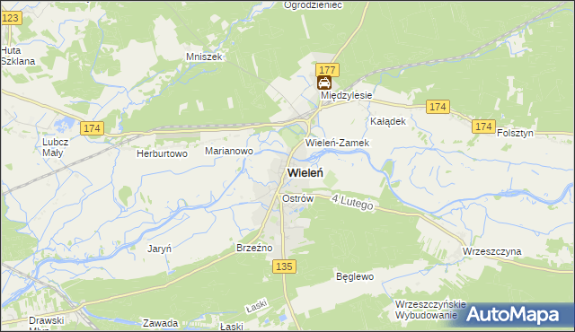 mapa Wieleń powiat czarnkowsko-trzcianecki, Wieleń powiat czarnkowsko-trzcianecki na mapie Targeo