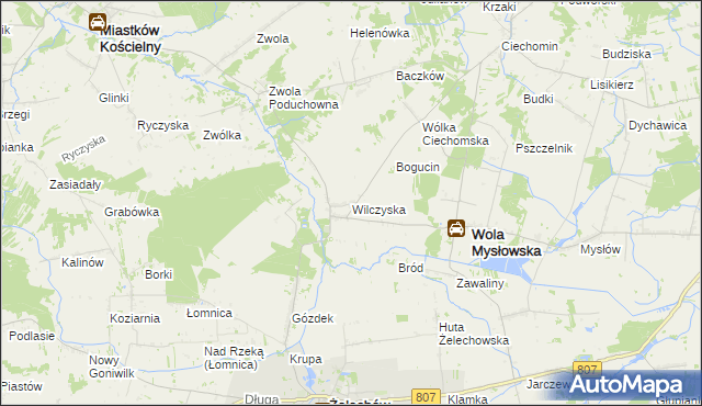 mapa Wilczyska gmina Wola Mysłowska, Wilczyska gmina Wola Mysłowska na mapie Targeo