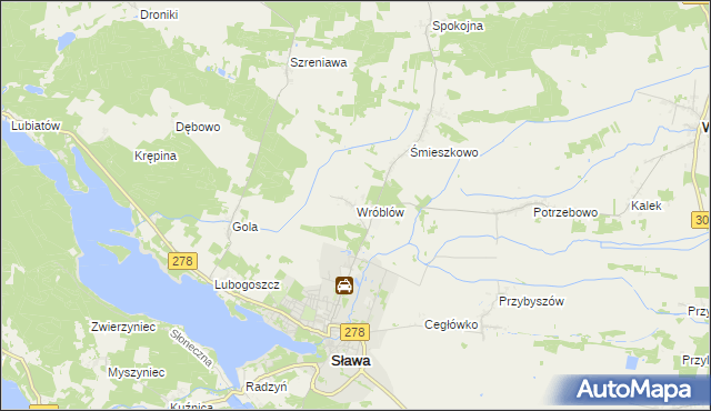 mapa Wróblów gmina Sława, Wróblów gmina Sława na mapie Targeo