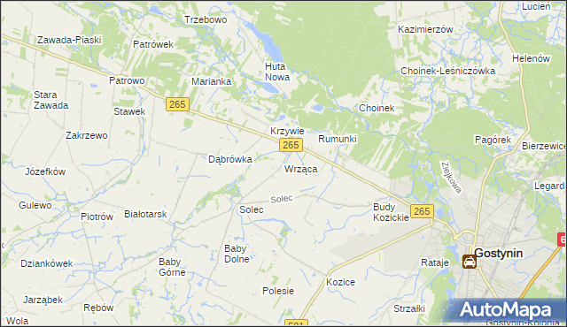 mapa Wrząca gmina Gostynin, Wrząca gmina Gostynin na mapie Targeo