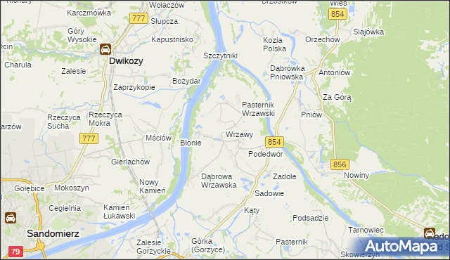 mapa Wrzawy gmina Gorzyce, Wrzawy gmina Gorzyce na mapie Targeo