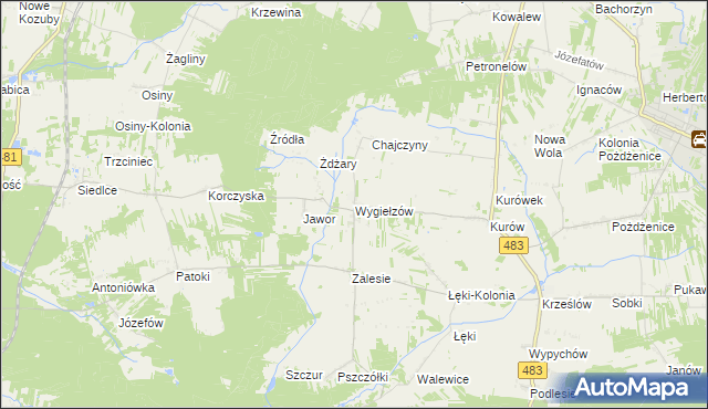 mapa Wygiełzów gmina Zelów, Wygiełzów gmina Zelów na mapie Targeo