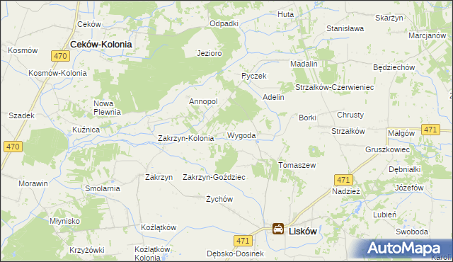 mapa Wygoda gmina Lisków, Wygoda gmina Lisków na mapie Targeo