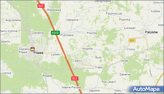 mapa Wygoda gmina Pilawa, Wygoda gmina Pilawa na mapie Targeo