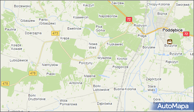 mapa Wylazłów gmina Poddębice, Wylazłów gmina Poddębice na mapie Targeo