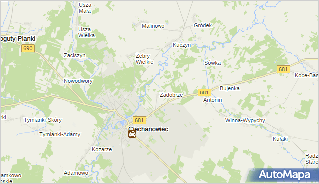 mapa Zadobrze gmina Ciechanowiec, Zadobrze gmina Ciechanowiec na mapie Targeo