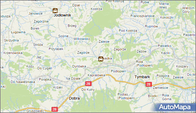 mapa Zawadka gmina Tymbark, Zawadka gmina Tymbark na mapie Targeo