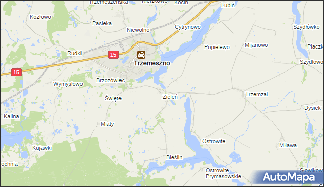 mapa Zieleń gmina Trzemeszno, Zieleń gmina Trzemeszno na mapie Targeo