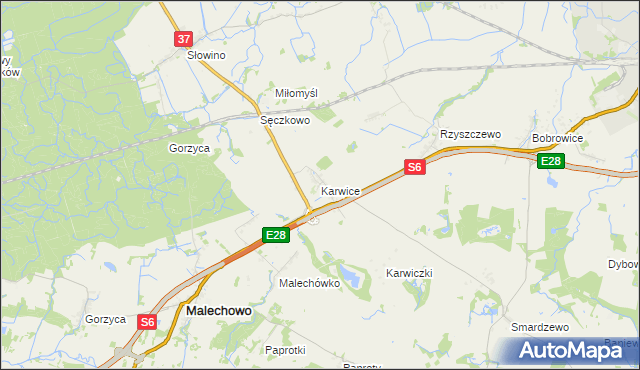 mapa Karwice gmina Malechowo, Karwice gmina Malechowo na mapie Targeo