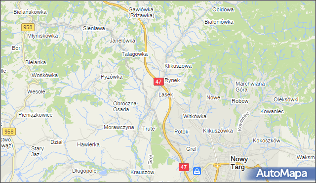 mapa Lasek gmina Nowy Targ, Lasek gmina Nowy Targ na mapie Targeo