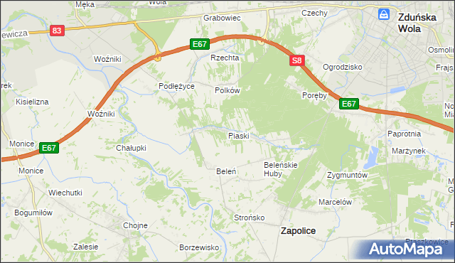 mapa Piaski gmina Zduńska Wola, Piaski gmina Zduńska Wola na mapie Targeo