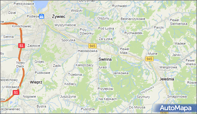 mapa Świnna powiat żywiecki, Świnna powiat żywiecki na mapie Targeo