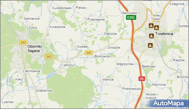 mapa Borkowice gmina Oborniki Śląskie, Borkowice gmina Oborniki Śląskie na mapie Targeo