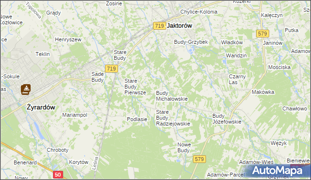 mapa Budy Michałowskie gmina Jaktorów, Budy Michałowskie gmina Jaktorów na mapie Targeo