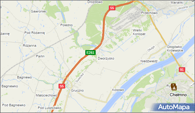 mapa Dworzysko gmina Świecie, Dworzysko gmina Świecie na mapie Targeo