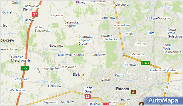 mapa Janiszew gmina Zakrzew, Janiszew gmina Zakrzew na mapie Targeo