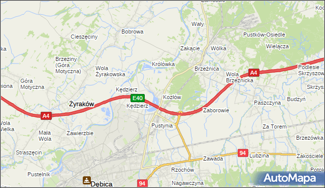 mapa Kozłów gmina Dębica, Kozłów gmina Dębica na mapie Targeo