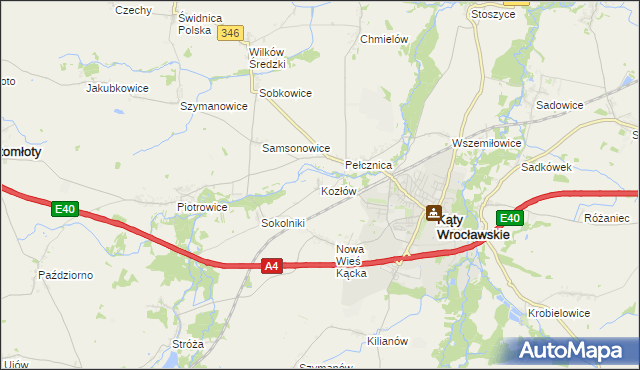 mapa Kozłów gmina Kąty Wrocławskie, Kozłów gmina Kąty Wrocławskie na mapie Targeo