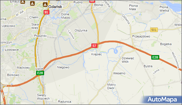 mapa Krępiec gmina Pruszcz Gdański, Krępiec gmina Pruszcz Gdański na mapie Targeo