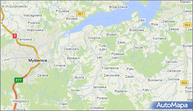 mapa Łęki gmina Myślenice, Łęki gmina Myślenice na mapie Targeo