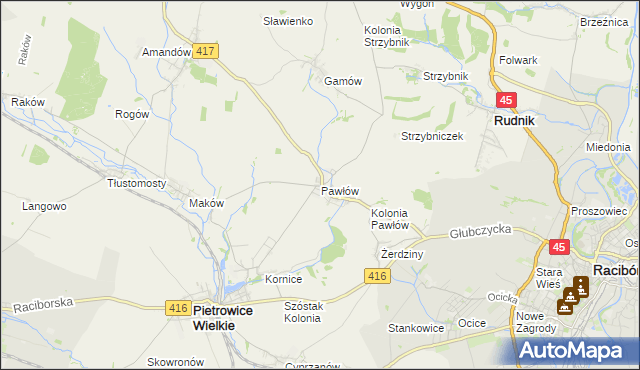 mapa Pawłów gmina Pietrowice Wielkie, Pawłów gmina Pietrowice Wielkie na mapie Targeo