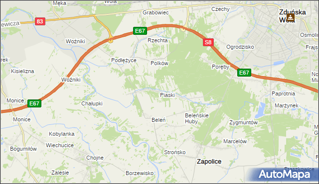 mapa Piaski gmina Zduńska Wola, Piaski gmina Zduńska Wola na mapie Targeo